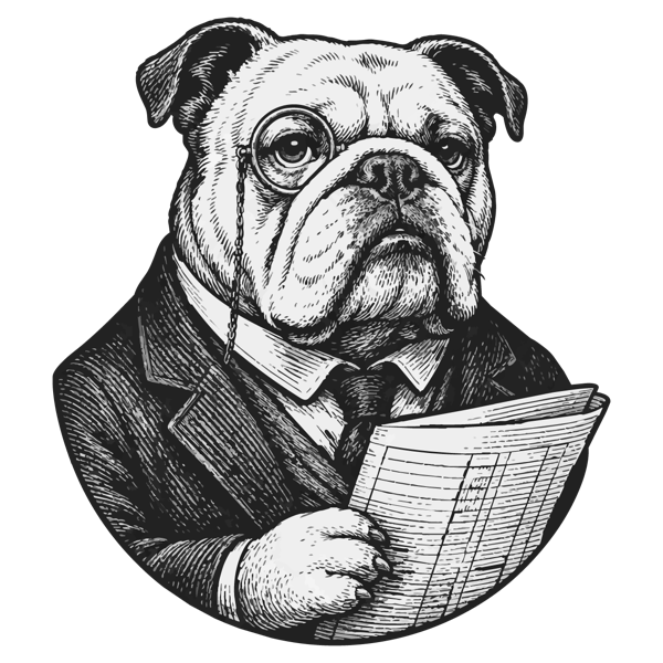 Leroy, The Accounts' bulldog editor, in a tweed suit reading a set of company accounts through a monocle.